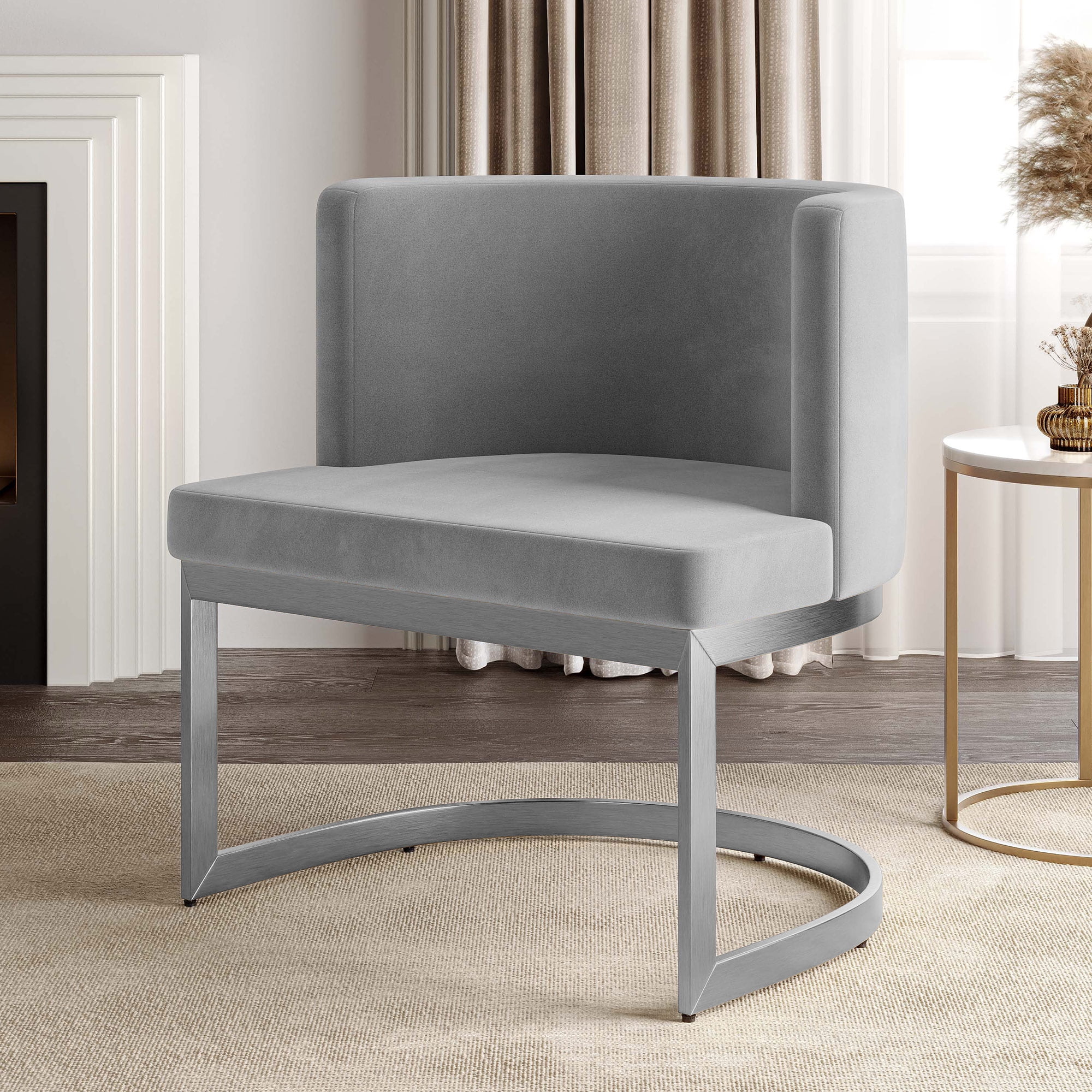 Gray Velvet Upholstered Side Chair with Chrome Metal Base