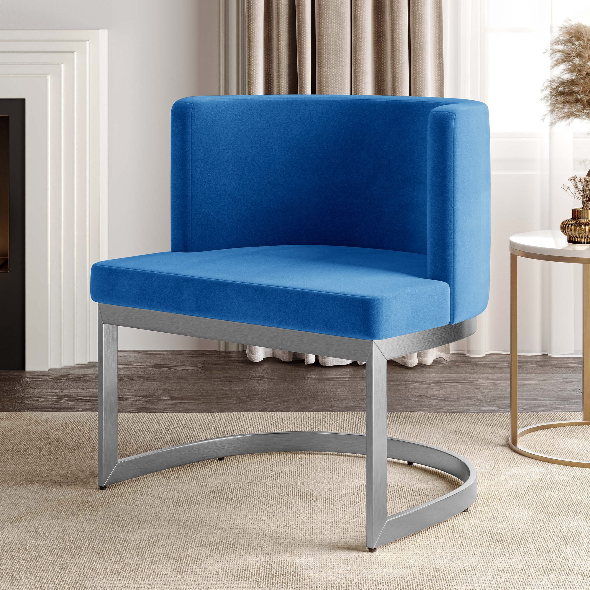 Dalton Blue Velvet Upholstered Side Chair with Chrome Metal Base