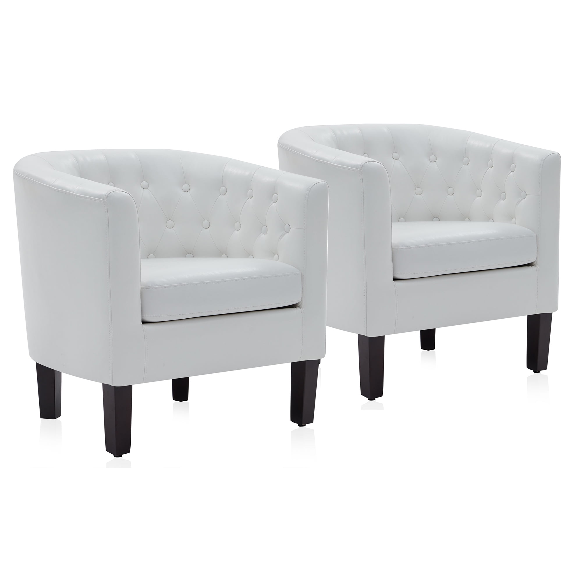 White Faux Leather Barrel Accent Chairs with Wood Legs, Set of 2