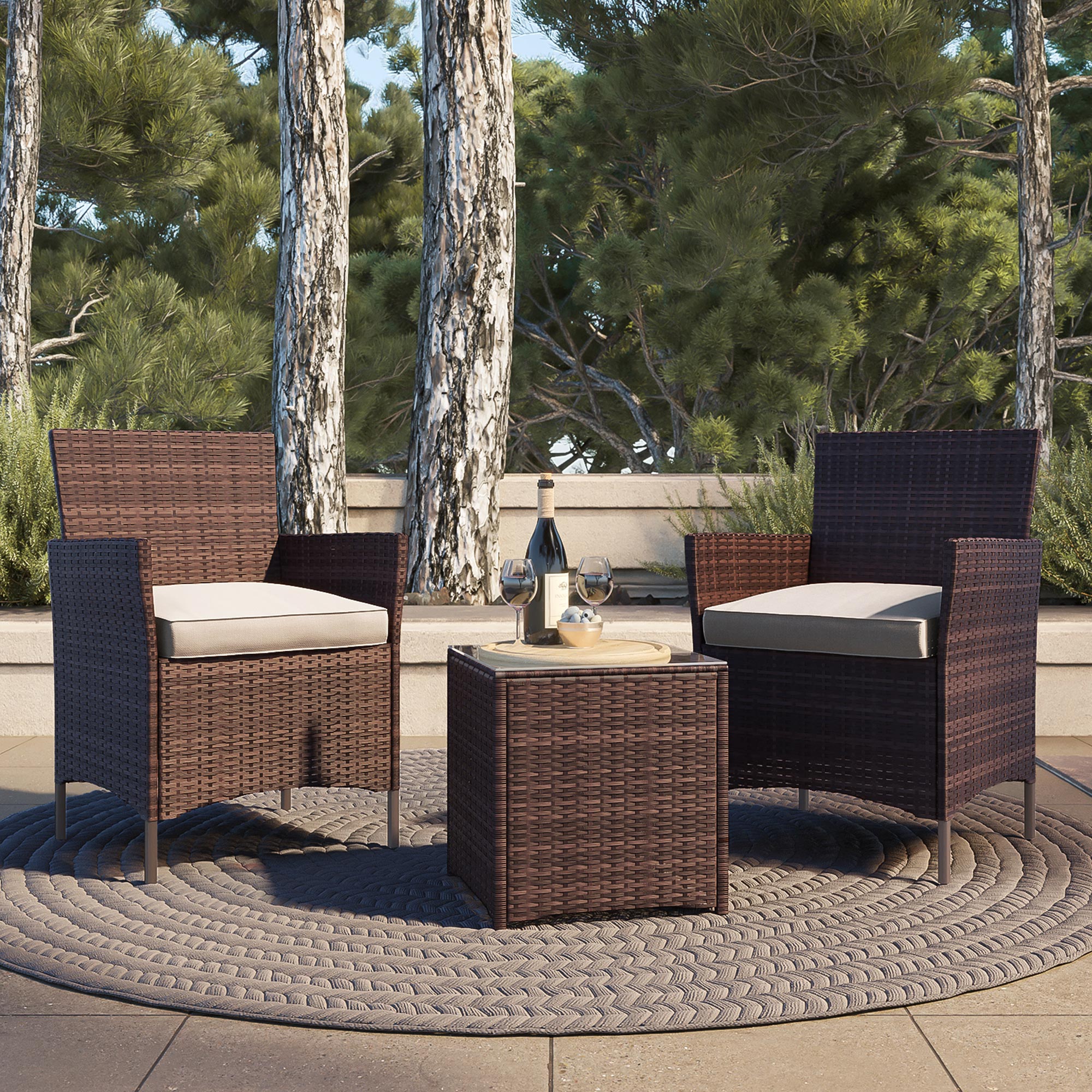 BELLEZE Wicker Furniture Outdoor Set 3 Piece Patio Outdoor Rattan Patio Set Two Chairs One Glass Table Brown - image 1 of 6