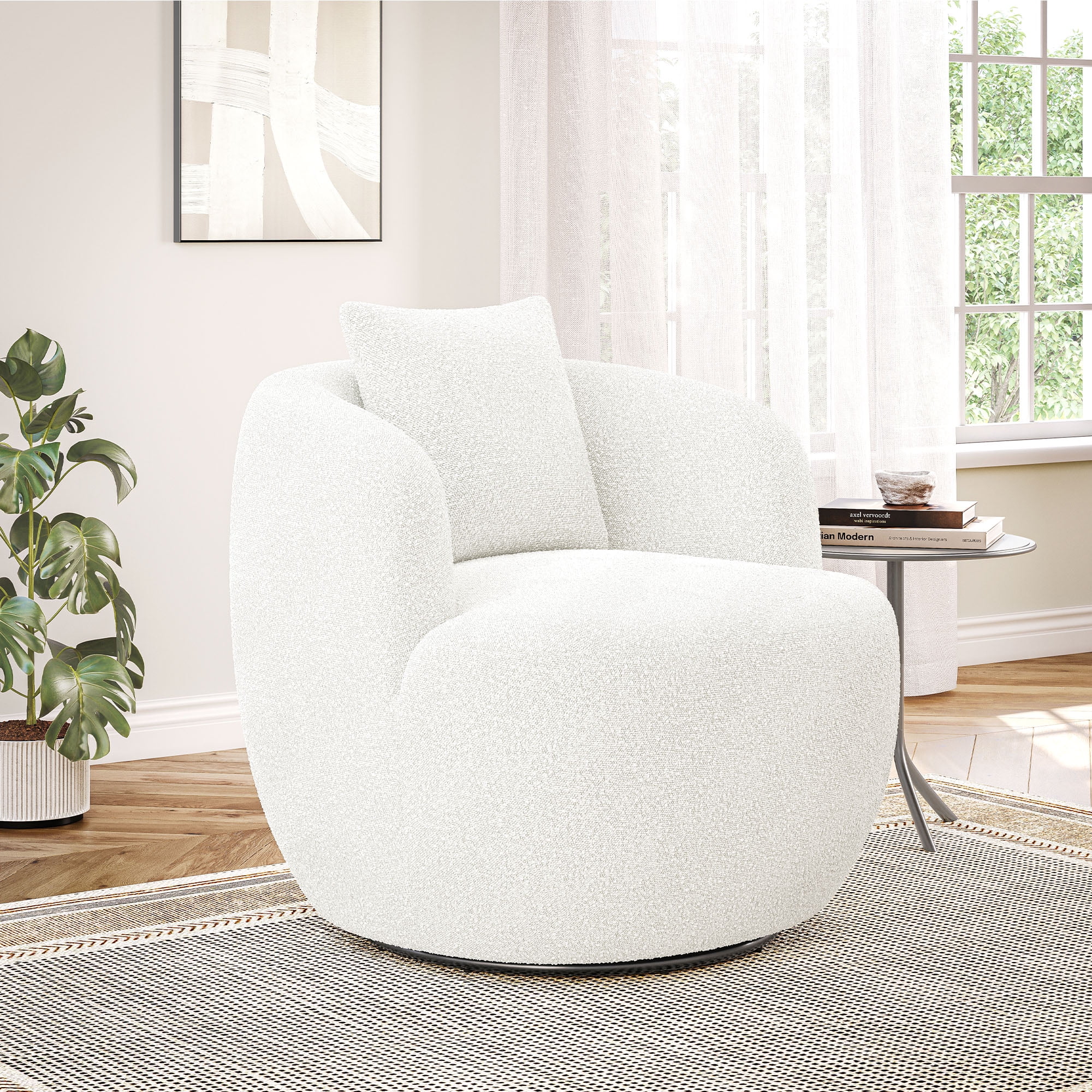 BELLEZE Wide Swivel Barrel Chair, Modern Round Boucle Swivel Armchair Curved Backrest ...
