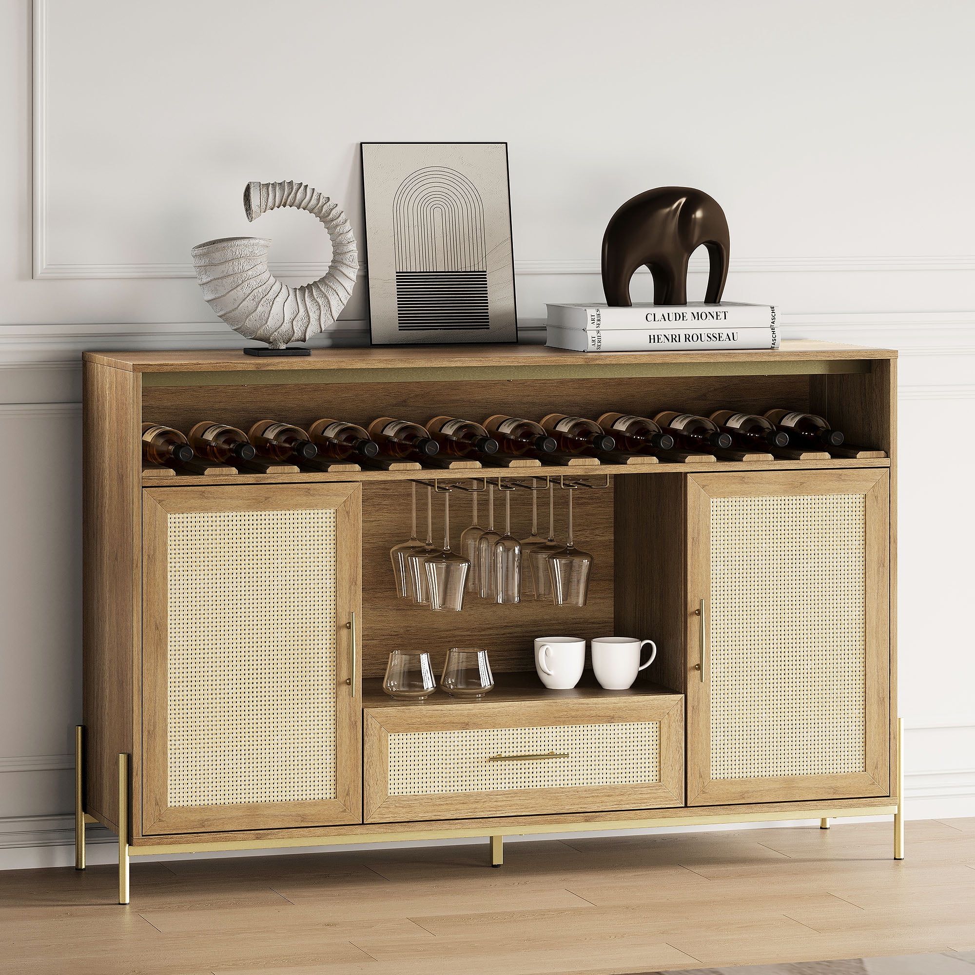 BELLEZE Wine Cabinet, 55" Rattan Wine Bar Cabinet with Wine Rack, Glass Holders and Drawer, Coffee Bar Cabinet for Dining Room, Living Room, Kitchen - Marcel (Camel)