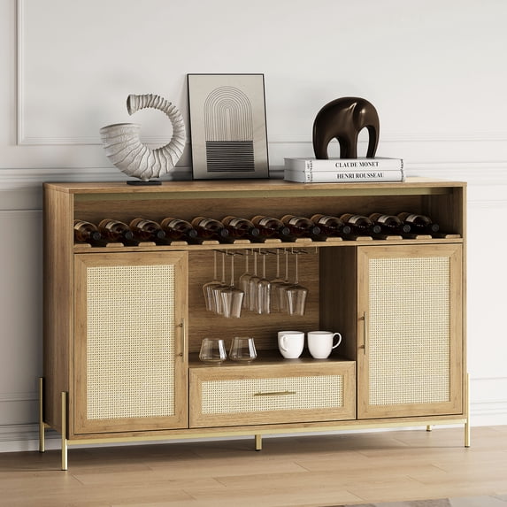 BELLEZE Wine Cabinet, 55" Rattan Wine Bar Cabinet with Wine Rack, Glass Holders and Drawer, Coffee Bar Cabinet for Dining Room, Living Room, Kitchen - Marcel (Camel)