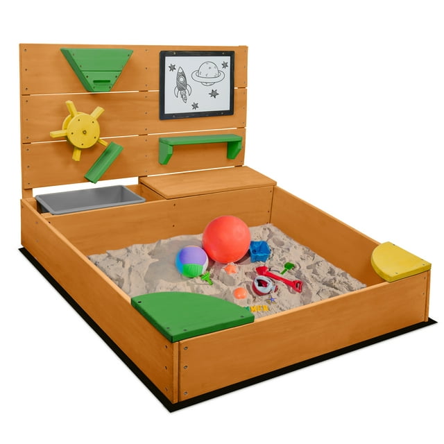 BELLEZE Wooden Sandbox, Kids Sandbox Outdoor Sandpit for Backyard, Outdoor Sandbox with Cover, Sand Toy Wall, Bench, Storage, and Magnetic White Board (Brown)