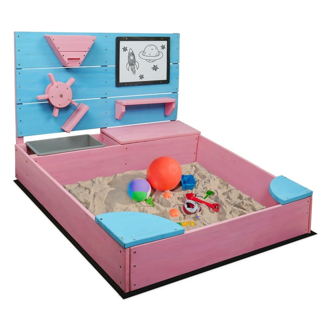 BELLEZE Wooden Sandbox, Kids Sandbox Outdoor Sandpit for Backyard, Outdoor Sandbox with Cover, Sand Toy Wall, Bench, Storage, and Magnetic White Board (Pink)