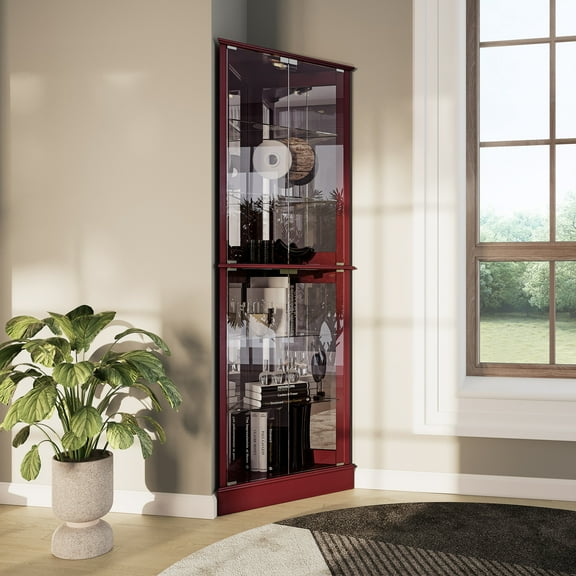BELLEZE Woody Lighted Corner Curio Cabinet Tempered Glass Door 6 Shelves, Cherry