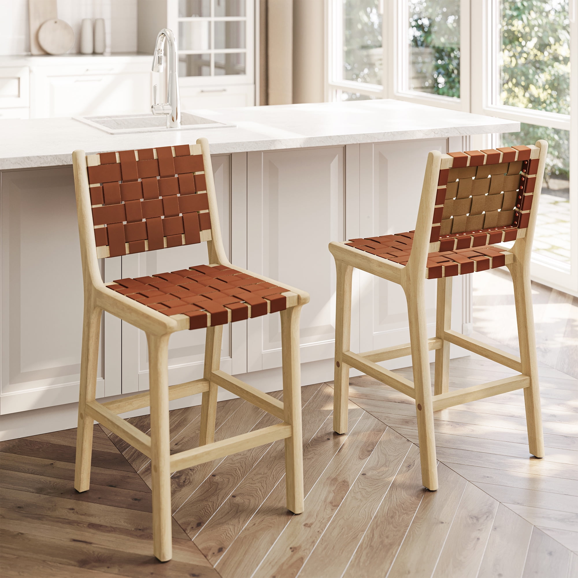 BELLEZE Modern Wooden Bar Stools 24 inch Set of 2, Boho Kitchen Island