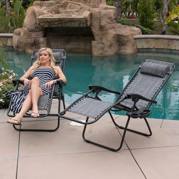 BELLEZE Zero Anti Gravity Reclining Gray Chairs Set of 2 Tray Cup Holder Mobile Device Slot Holder Outdoor