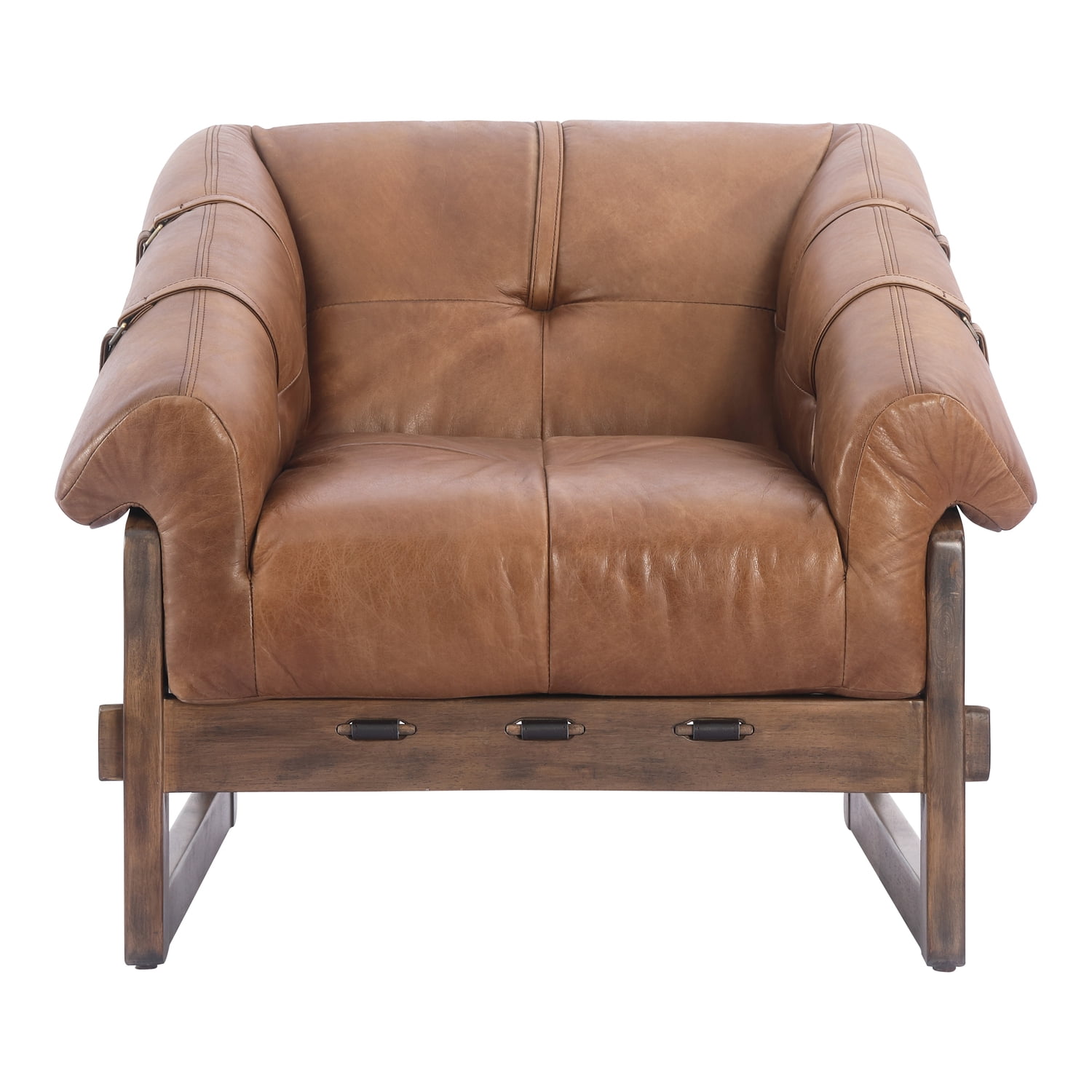 Bellos Brown Leather Club Chair with Dark Rubberwood Frame