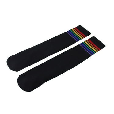 BELLZELY Thigh High Socks Over Knee Rainbow Stripe Girls Football Sport Socks Black White