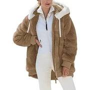 BELLZELY Women Coats Winter Clearance Women Plus Size Winter Warm Loose Plush Zip Hooded Jacket Coat