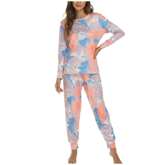 BELLZELY Womens Pajamas Plus Size Women Fashion Tie-Dye Print Long-Sleeved Trousers Pajama Set Two-Piece