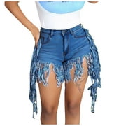 BELLZELY Womens jeanshorts Plus Size Clearance Fashion Women Cute Tassels Brushed Denim Shorts Casual Straight Jeans Pants