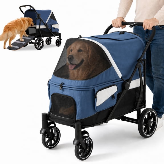 BELNEST Large Dog Stroller with Rear Ramp, One-Hand Fold, One-Foot Brake, Swivel Wheels, Breathable Mesh Windows and Storage bags, 140lb capacity Navy Blue
