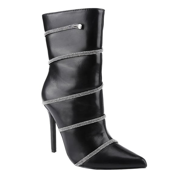 BELOVELY【SHARPE-14】 Women's Stiletto Ankle Boots Sexy Pointed Toe Crystal Straps Embellished Booties Slip-on High Heels Boots Girl Footwear Shoe Walking Shoes Bota 2 Inch Knee Bridal