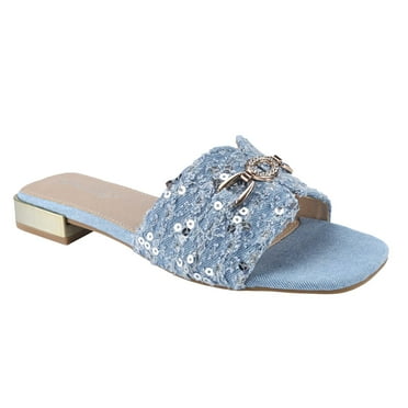 BELOVELY【SQUARE-20】 Women’s Bling Golden Heel Square Flat Sandals, Sequin Glitter Mules Slippers Toe Slip-on Beach Sandals Shoe Walking Shoes Footwear Girl Summer Nail Comfort Satin Tactical Fashion
