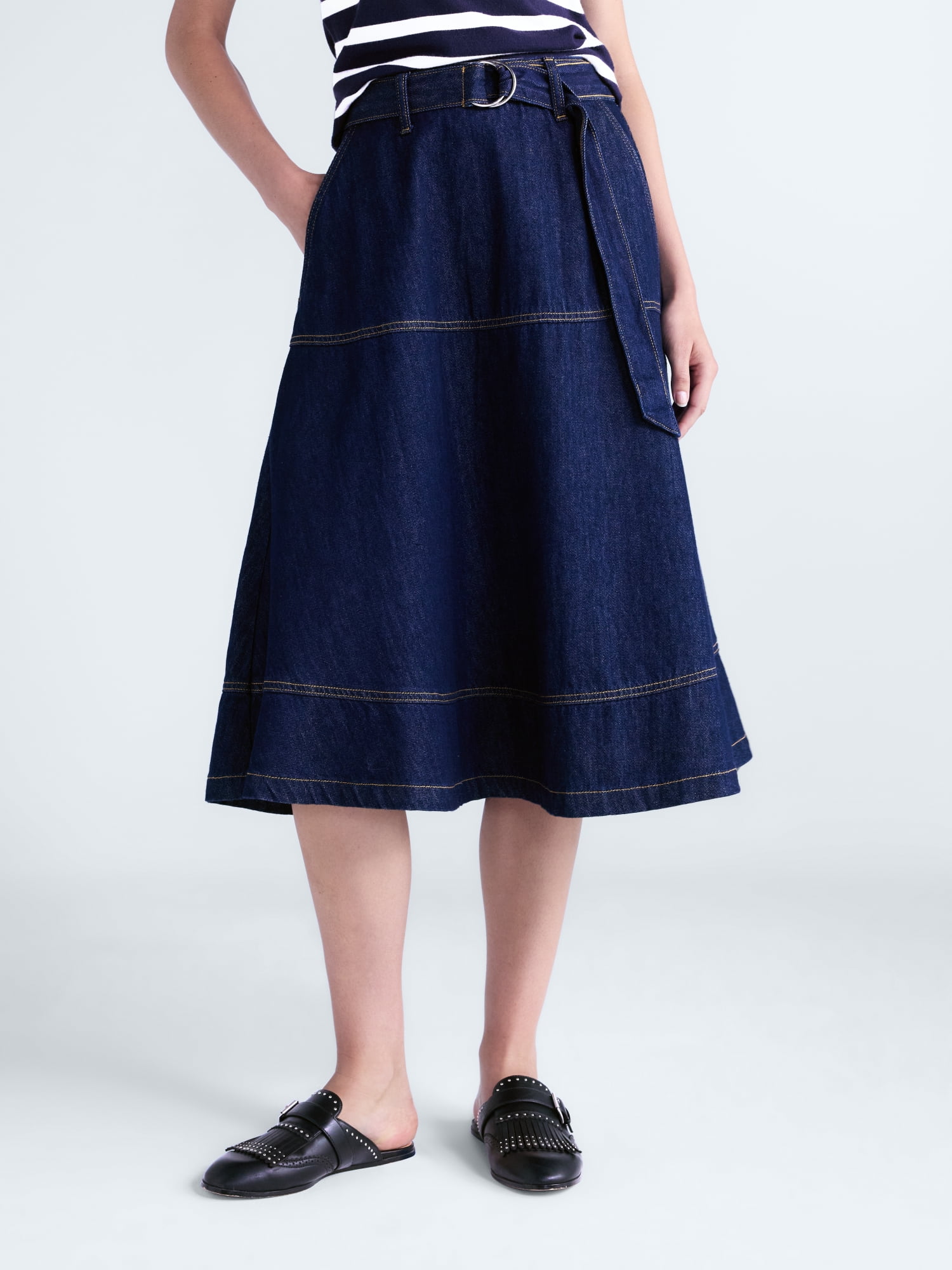 Free Assembly Women's Belted Denim Panel Skirt, Sizes 0-20