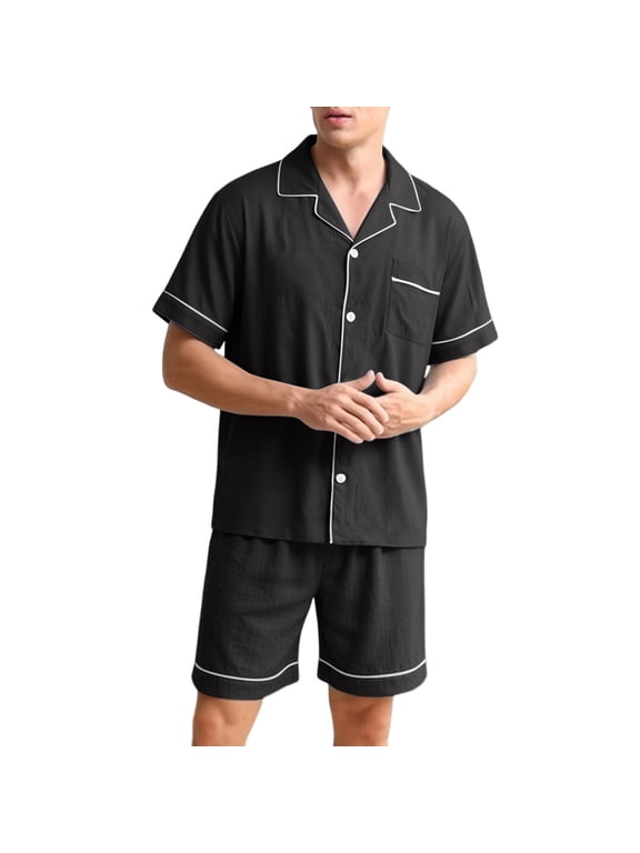 Men's 2 Piece Pajamas Set Casual Short Sleeve Button Down T-Shirt and Pants with Pocket Pjs Set Black