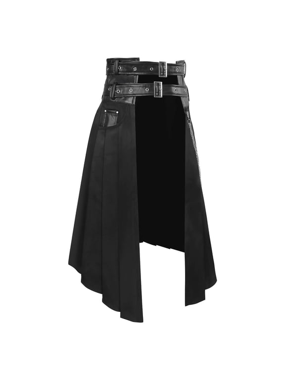 Men's Gothic Steampunk Skirt High Waist Belted Asymmetric Kilt Punk High Split Long Skirt with Chain for Halloween Cosplay Black