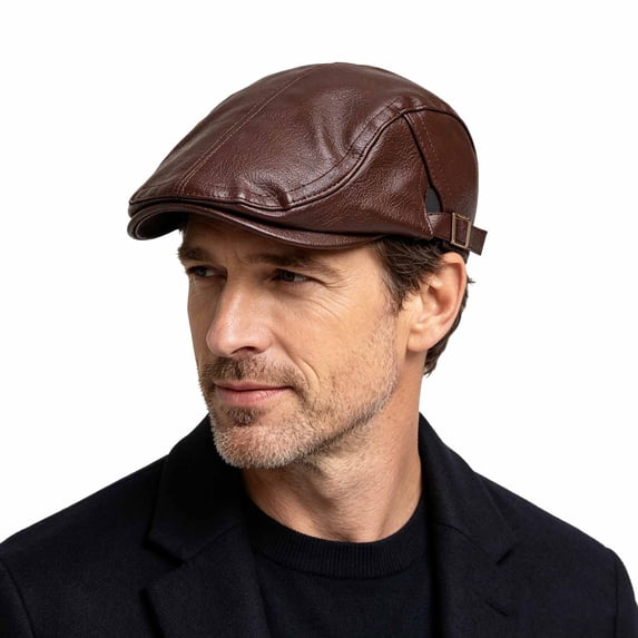BELTNOV Men's Leather Flat Cap Vintage Ivy Newsboy Driving Hat Adjustable Faux Leather Golf Cabbie Hat for Fall Brown