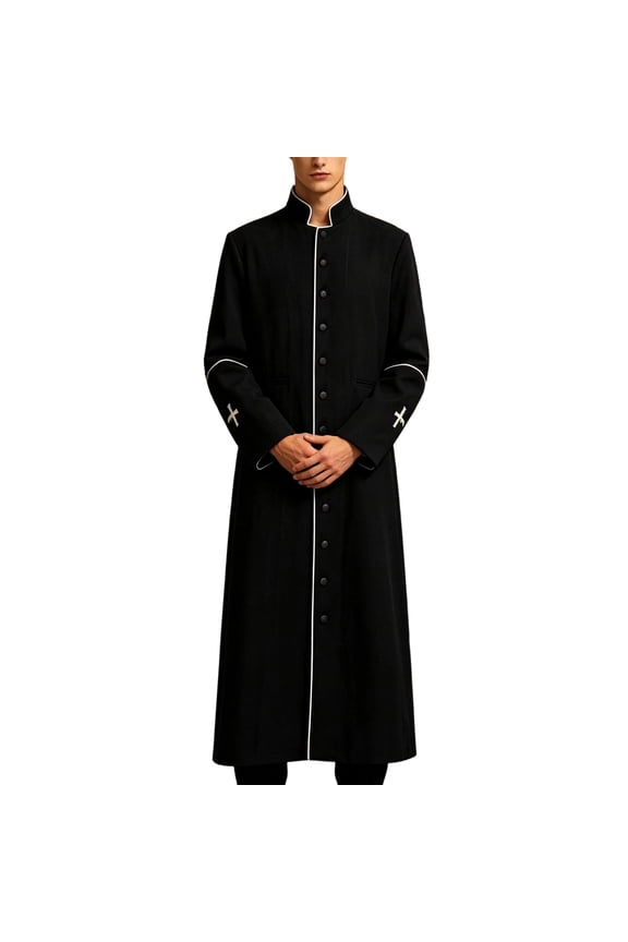 Men's Long Clergy Cassock Church Minister Robe Vestment for Pastor Black