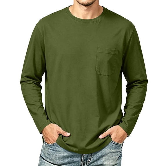 BELTNOV Men's Long Sleeve Pocket T-Shirt Solid Color Crewneck Tee with Chest Pocket Casual Basic Top for Everyday Wear Army Green