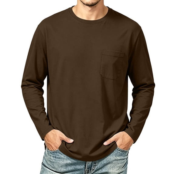 BELTNOV Men's Long Sleeve Pocket T-Shirt Solid Color Crewneck Tee with Chest Pocket Casual Basic Top for Everyday Wear Coffee