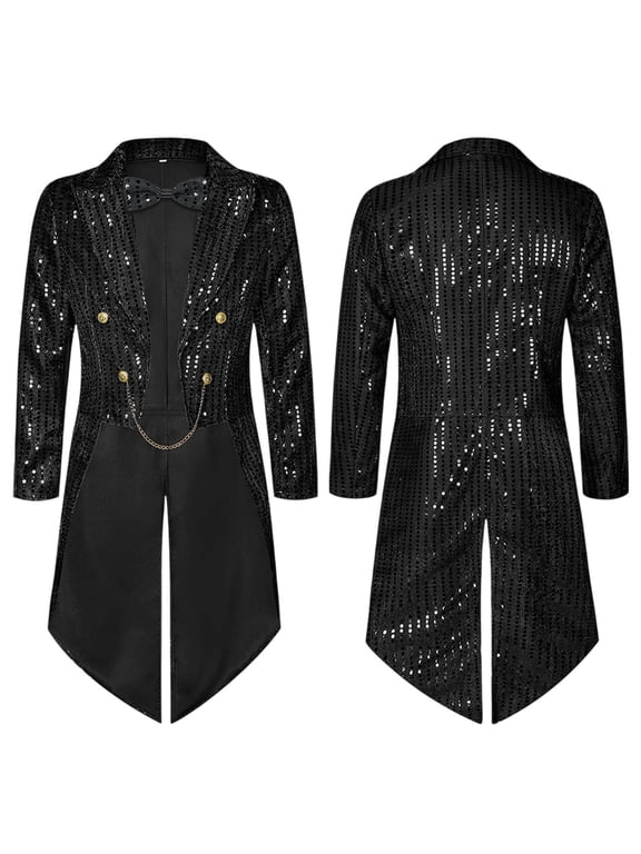 Men's Long Sleeve Sequin Tailcoat Tuxedo Jacket Shiny Blazer Coat with Bow Tie Costume for Halloween Black