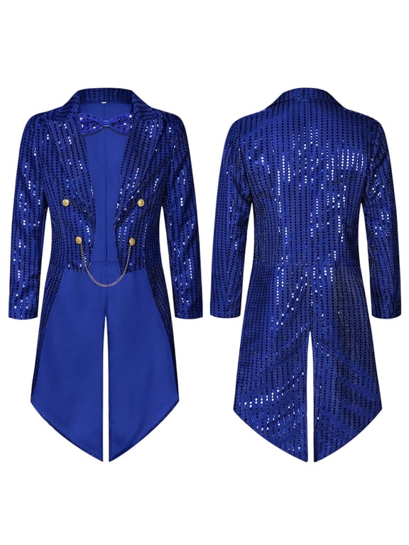 Men's Long Sleeve Sequin Tailcoat Tuxedo Jacket Shiny Blazer Coat with Bow Tie Costume for Halloween Blue