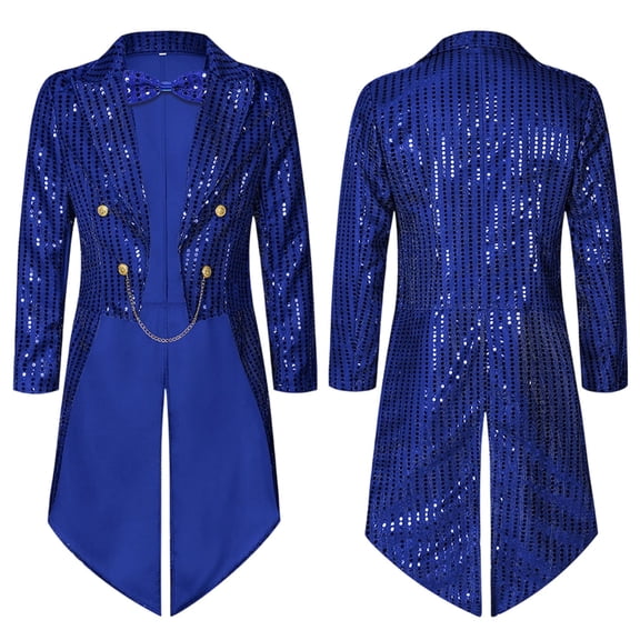 BELTNOV Men's Long Sleeve Sequin Tailcoat Tuxedo Jacket Shiny Blazer Coat with Bow Tie Costume for Halloween Blue