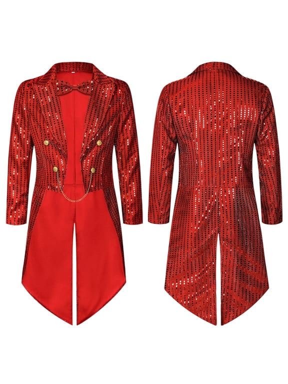 Men's Long Sleeve Sequin Tailcoat Tuxedo Jacket Shiny Blazer Coat with Bow Tie Costume for Halloween Red
