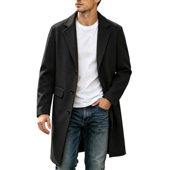 BELTNOV Men's Notched Lapel Single Breasted Mid Long Trench Coat Casual Business Overcoat Jacket with Pockets for Fall Winter Black