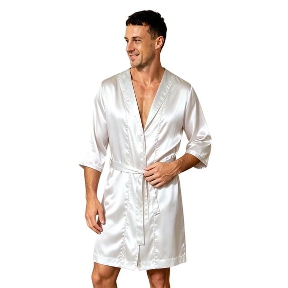 BELTNOV Men's Satin Robe Short Kimono Bathrobe Lightweight Silky Sleepwear Loungewear with Belt Soft Spa Robe for Nightwear White