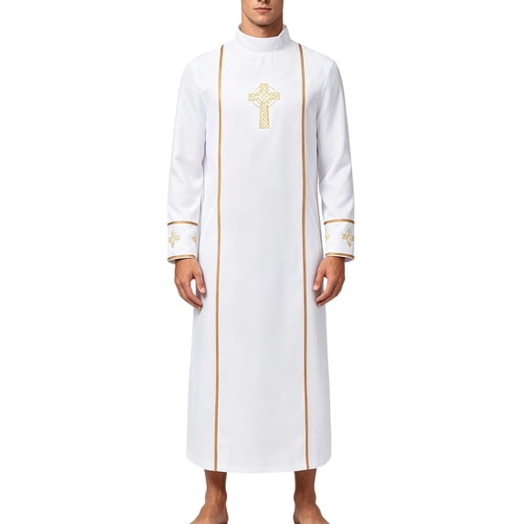 BELTNOV Men's White Priest Robe Halloween Costume Gold Cross Embroidered Clergy Cosplay Outfit Long Sleeve Church Minister Fancy Dress for Party White