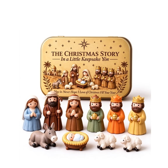 BELTNOV Mini Christmas Nativity Set in Keepsake Tin Box, Portable Holy Family Resin Figurines Religious Holiday Decor Gift, 3.5 x 2.5 x 1 in