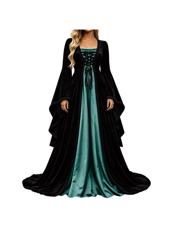 Women Renaissance Costume Dress Color Patchwork Medieval Gown Long Flare Sleeve Waist Slimming Cosplay Dress for Stage Performance Themed Party Halloween Green