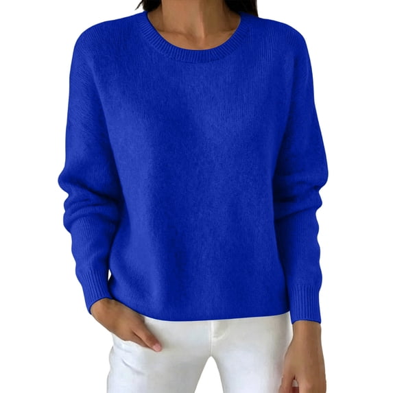 BELTNOV Women Solid Crew Neck Pullover Sweater Soft Knit Long Sleeve Tops Ribbed Cuffs Hem Loose Straight Warm Casual Winter Daily Outfit Blue