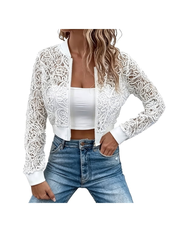 Women's Sheer Floral Lace Bomber Jacket, Long Sleeve Zip-Up Lightweight Cardigan, Casual Cropped Outerwear Cover Up White