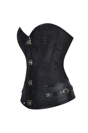 Women's Steampunk Gothic Overbust Corset, Premium Brocade Leather Bustier with Chains, Steel Boned Lace-up Back Clasp Closure Fashion Corset Black