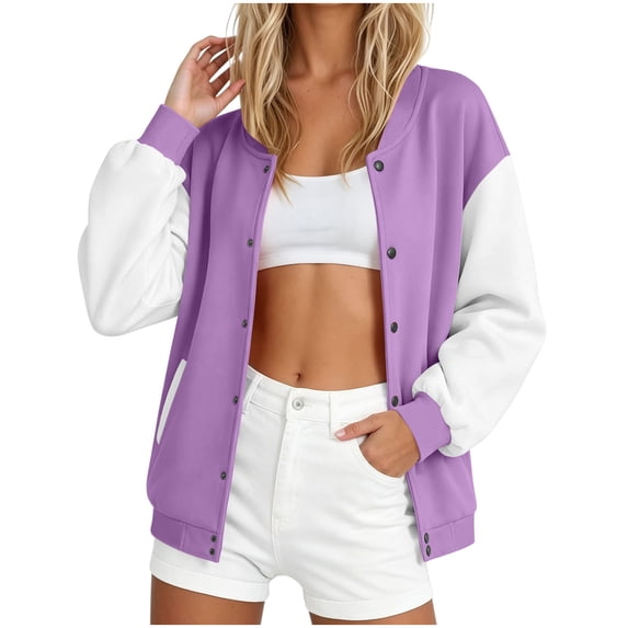 BELTNOV Women's Varsity Jacket, Casual Slim Fit Cotton Letterman Bomber Coat, Stylish Outerwear For Daily Outdoor Street Wear Purple