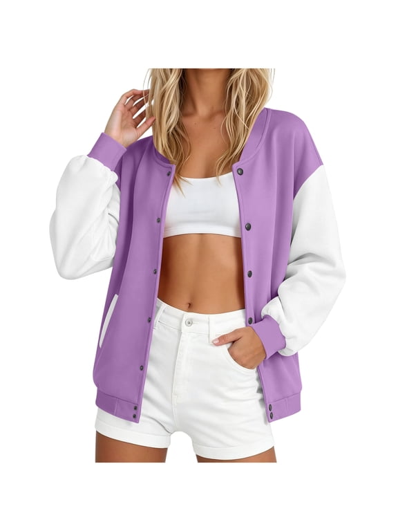 Women's Varsity Jacket, Casual Slim Fit Cotton Letterman Bomber Coat, Stylish Outerwear For Daily Outdoor Street Wear Purple