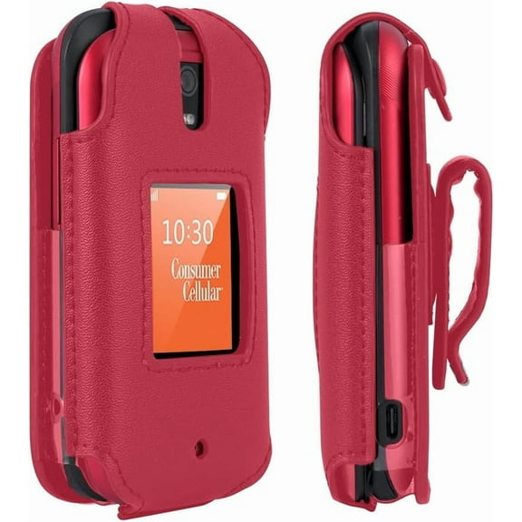 BELTRON Leather Case for Consumer Cellular Iris Flip Phone 2023 - Features: Secure Fit, Rotating Belt Clip, Screen & Keypad Protection SH3320 - Red