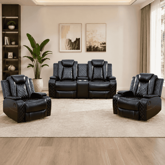 Saxum Tegmen 3-Piece Power Reclining Sofa Set, Air Leather Recliner Couch Set with LED Lights, USB Ports, Wireless Charging, Home Theater Seating for Living Room(Black