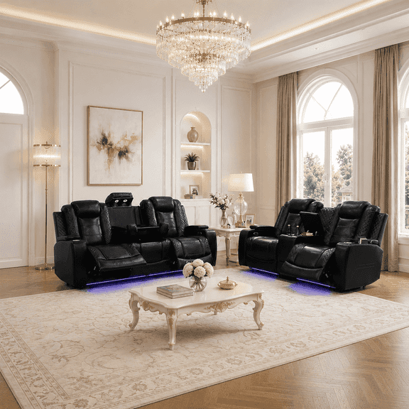 Saxum Tegmen 2-Piece Power Reclining Sofa Set, Air Leather Recliner Couch Set with LED Lights, USB Ports, Wireless Charging,Home Theater Seating for Living Room(Black