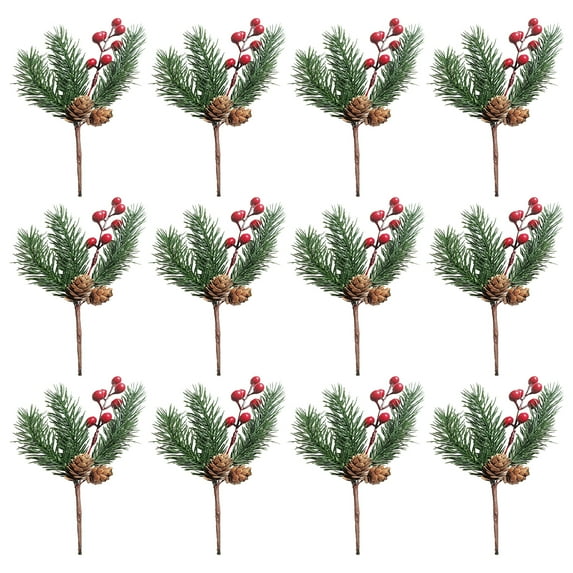 BELUPAI Red Berry Pinecone Branches Plastic Plants 12Pcs Christmas Decoration Artificial Pineneedle