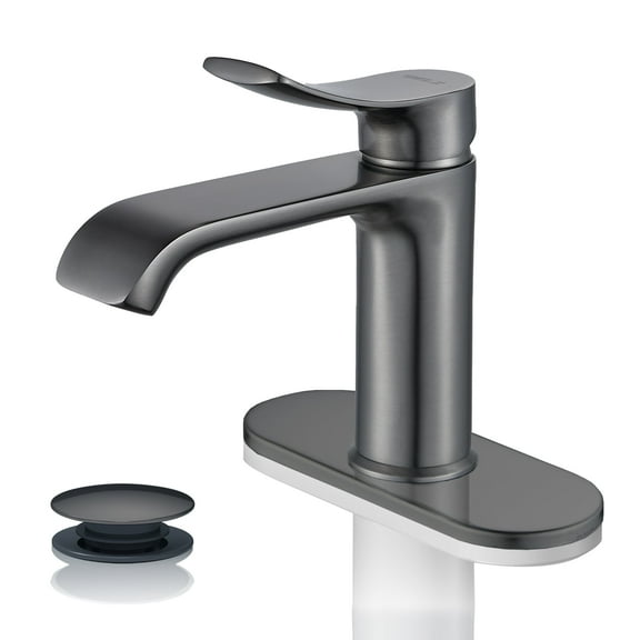 BELZ Bathroom Sink Faucet, Single Handle Brass Bath Basin Vanity Faucets with Pop Up Drain and Deck Plate for 1 or 3 Holes, Gunmetal