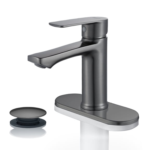 BELZ Gunmetal Waterfall Bathroom Sink Faucet, Single Handle Lavatory Faucet for 1 or 3 Hole Vanity with Deck Plate and Pop-Up Drain