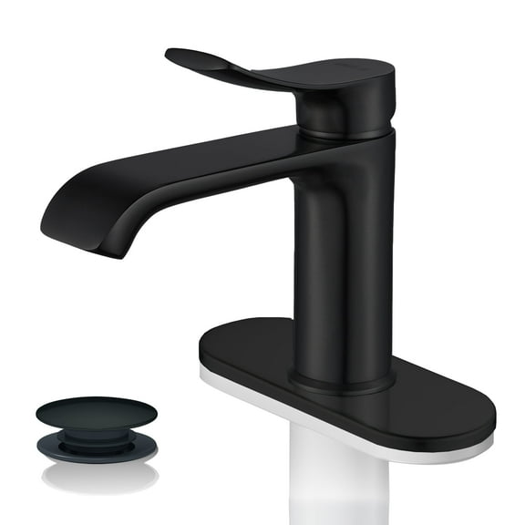 BELZ Waterfull Bathroom Sink Faucet, Single Handle Brass Bath Basin Vanity Faucets with Pop Up Drain and Deck Plate for 1 or 3 Holes, Matte Black