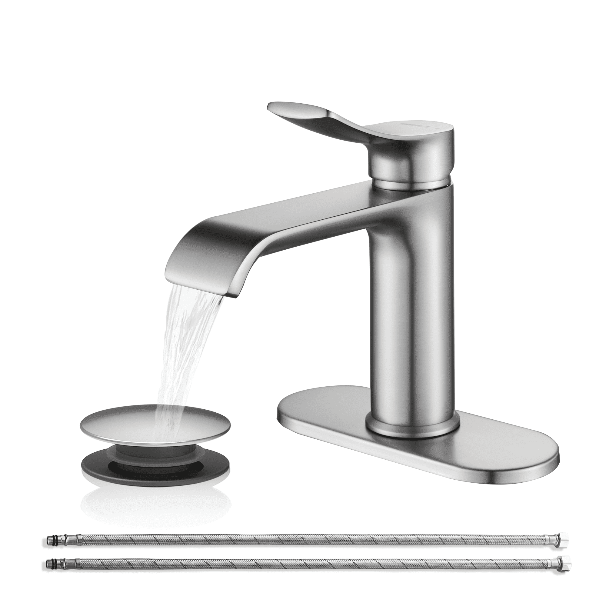 BELZ Bathroom Faucet Modern Waterfall Bathroom Sink Faucet with Single Handle with Pop Up Drain and Deck Plate Suitable for 1 or 3 Holes, Brushed nickel
