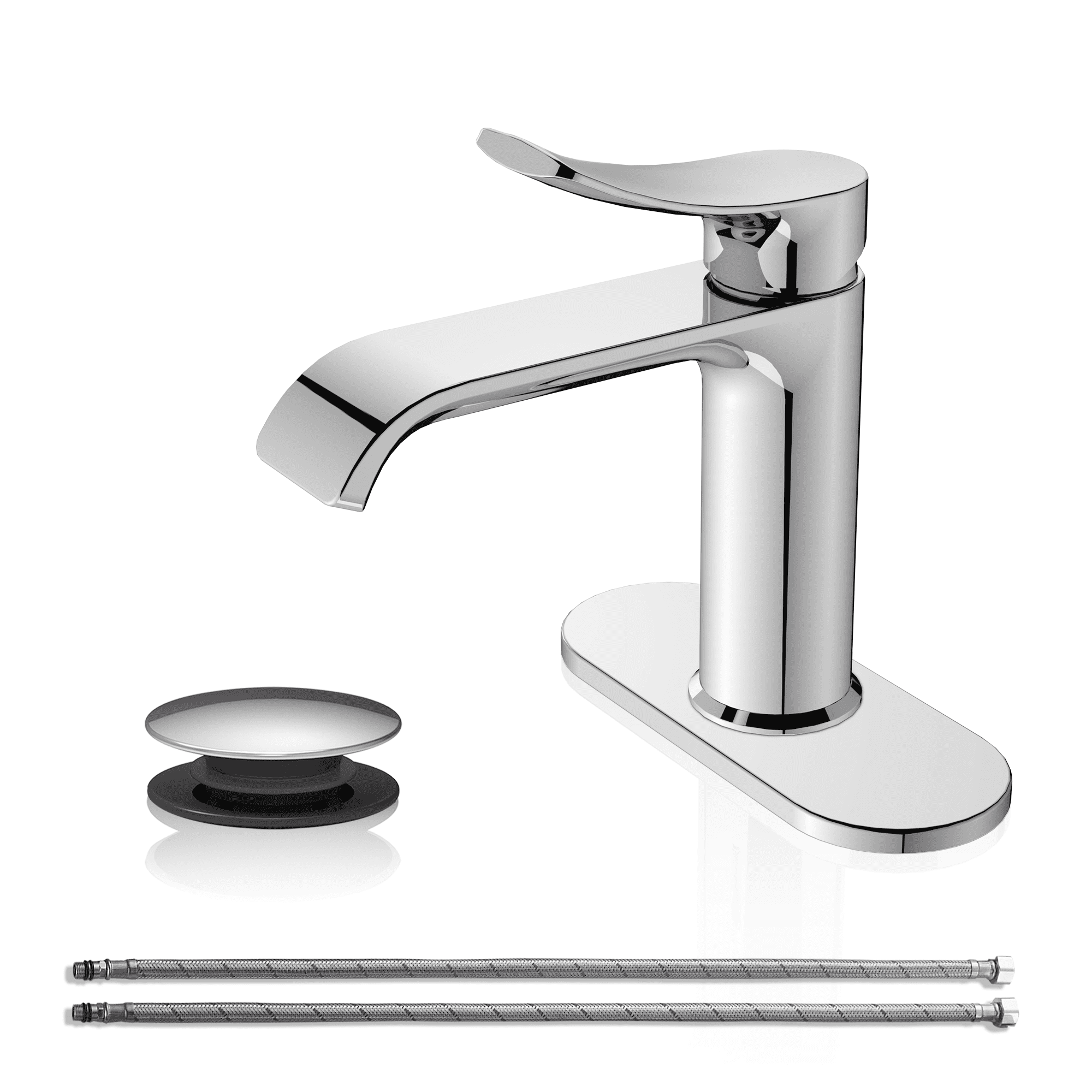 BELZ Bathroom Faucet Waterfall Spout Bathroom Sink Faucet with Single Handle with Pop Up Drain and Deck Plate Suitable for 1 or 3 Holes, Chrome